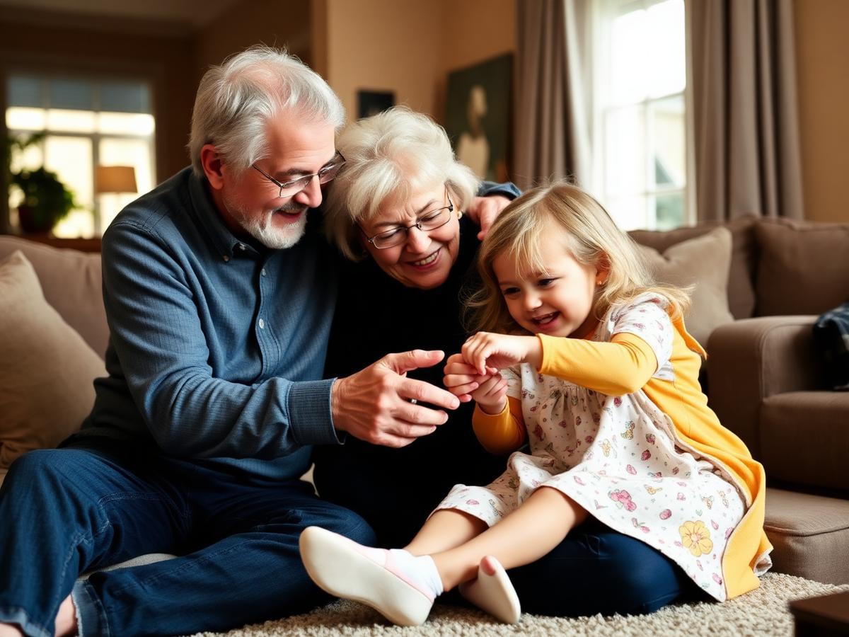 Grandparents playing with their granddaughter at home